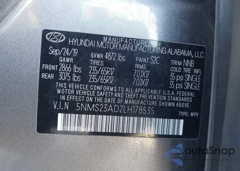 2020 Hyundai Santa Fe Se z USA, uszkodzony, nr VIN 5NMS23AD2LH178535